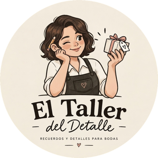 Logotipo de El Taller del Detalle: una chica con delantal guiñando un ojo y sujetando un regalo